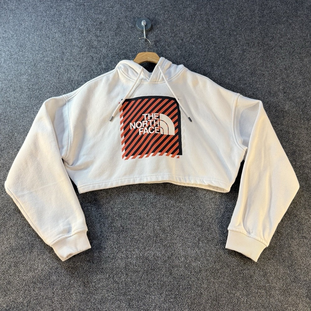 The North Face Cropped Hoodie Womens M White Graphic Logo Fleece Pullover